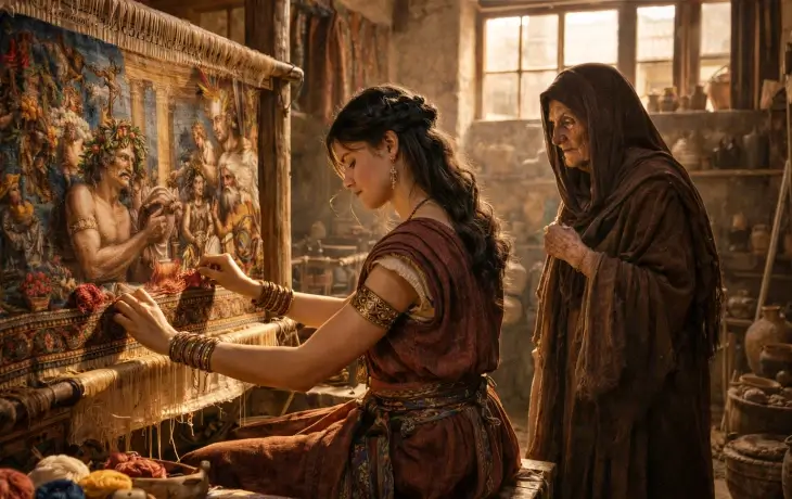 Athena’nın yaşlı kadın kılığında Arakne’yi izlediği ve dokuma yaparken uyardığı sahne